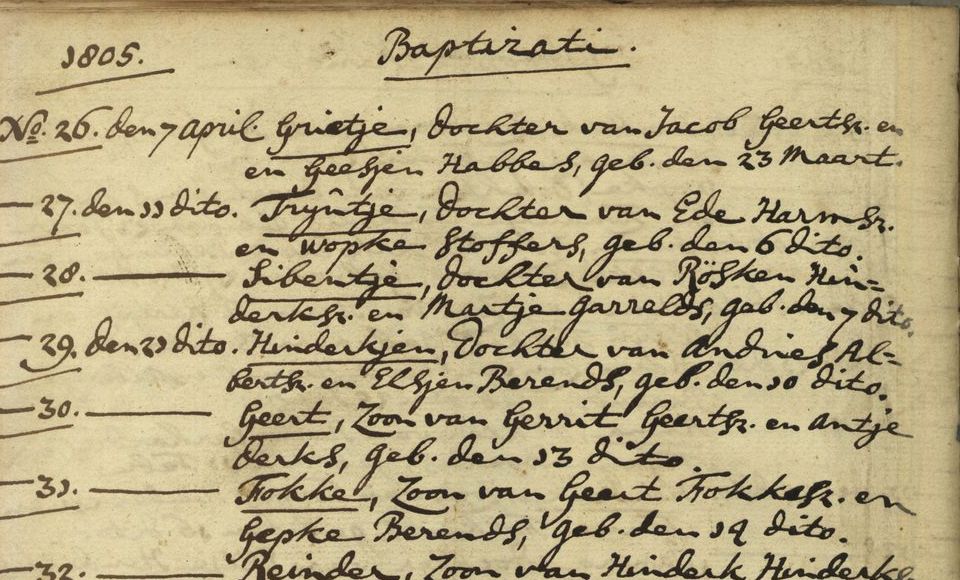 Handgeschreven doopboek uit 1805 met de kop Baptizati
